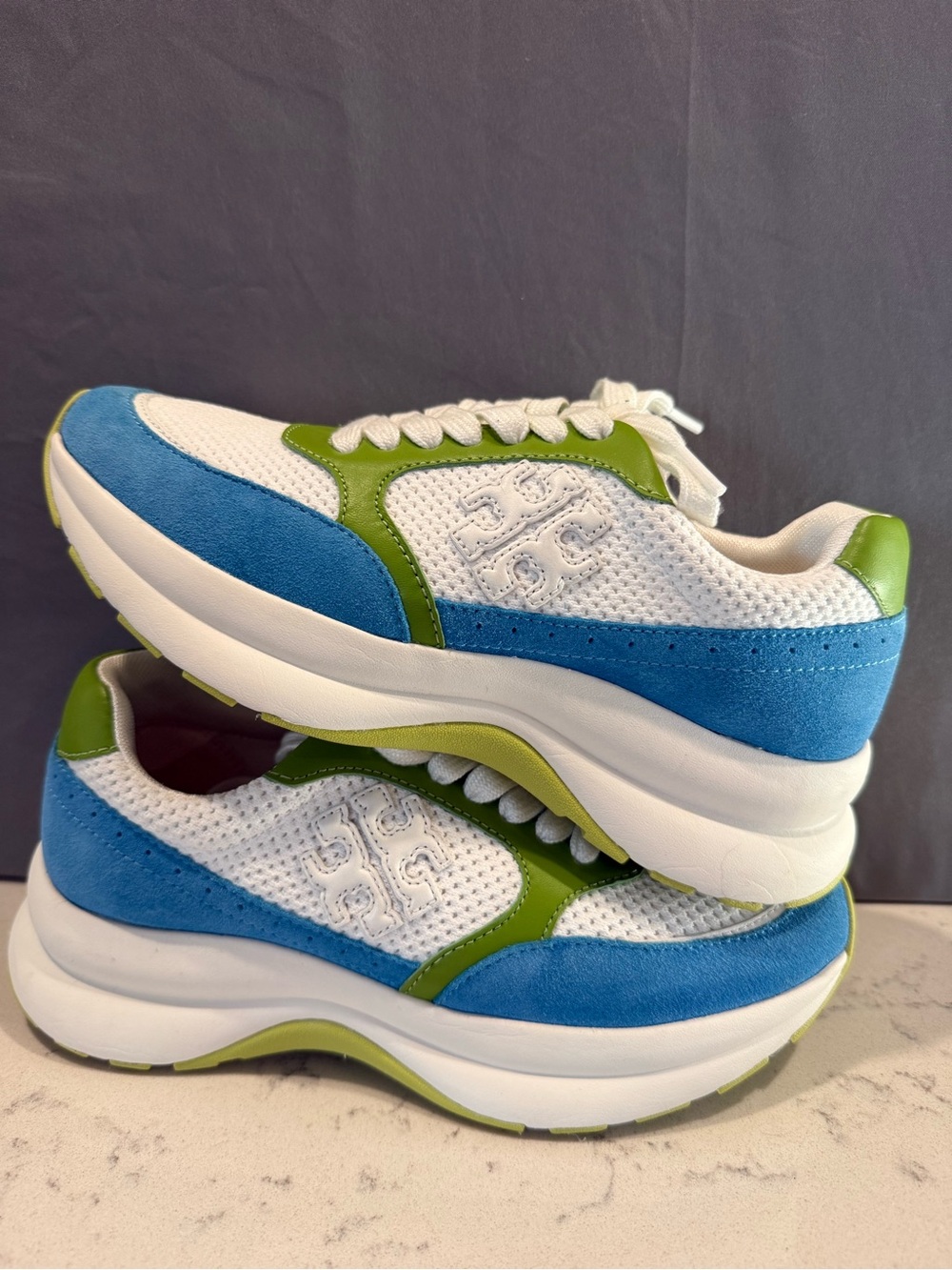Tory Burch White, Blue & Green Platform Sneakers